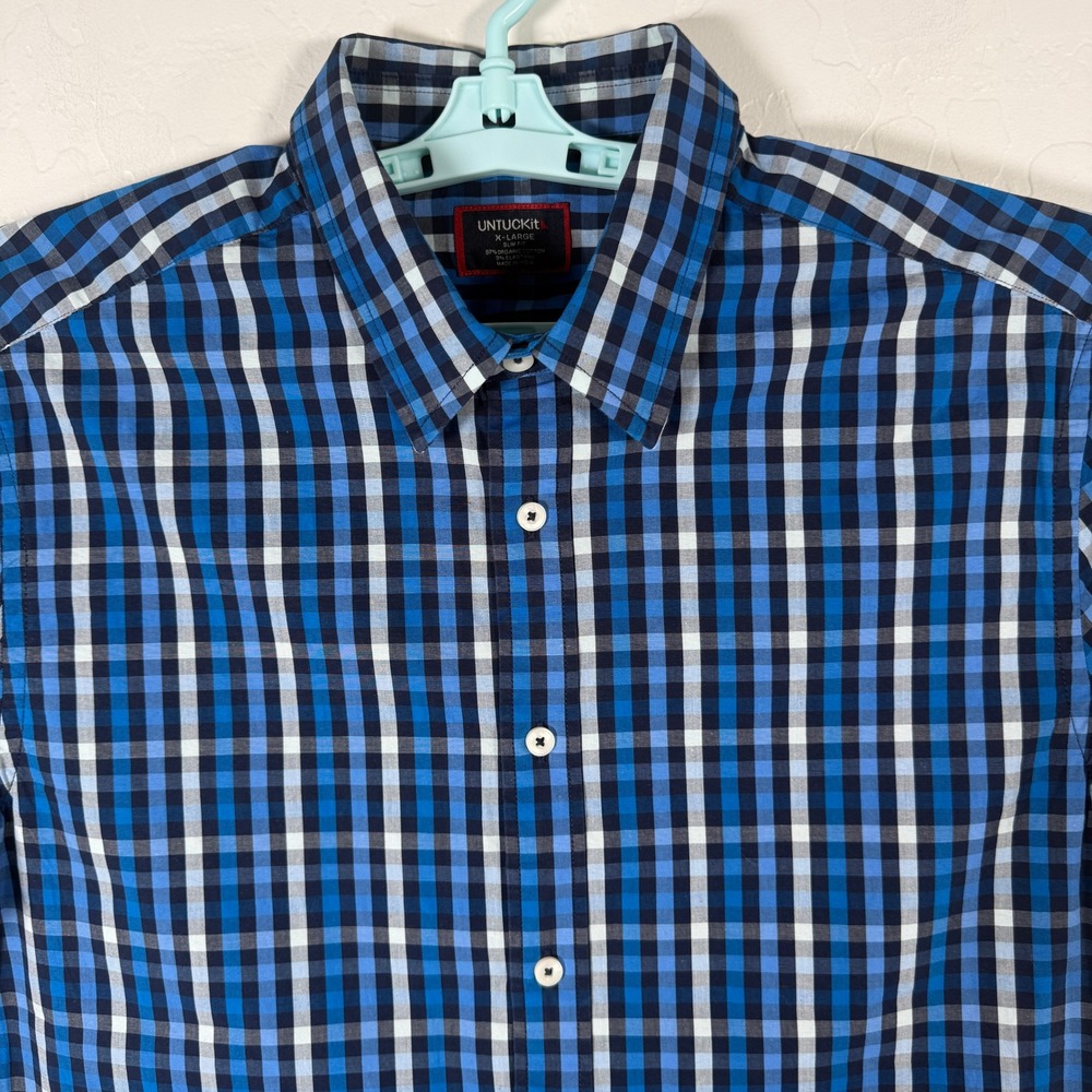 UNTUCKit Shirt Mens XL Blue Plaid Slim Fit Dark Blue Check Cotton Stretch